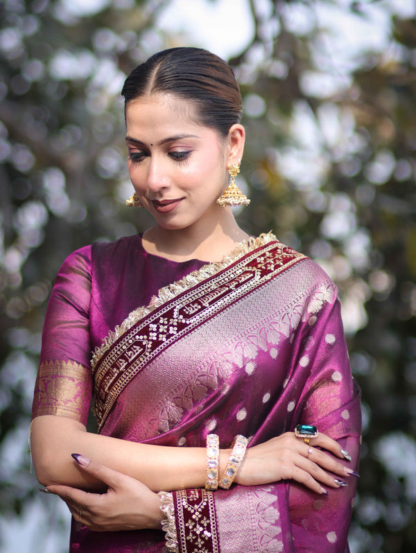 Banarasee Handloom Tissue (Saubhagyavati Bhava) Lace Saree With Buti Design Border & Lace-Purple