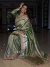 Banarasee Handwoven Tissue Saree With Zari Buti Design & Lace-Olive Green