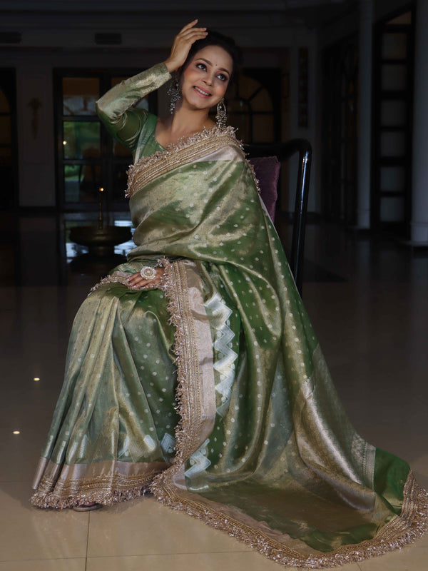 Banarasee Handwoven Tissue Saree With Zari Buti Design & Lace-Olive Green
