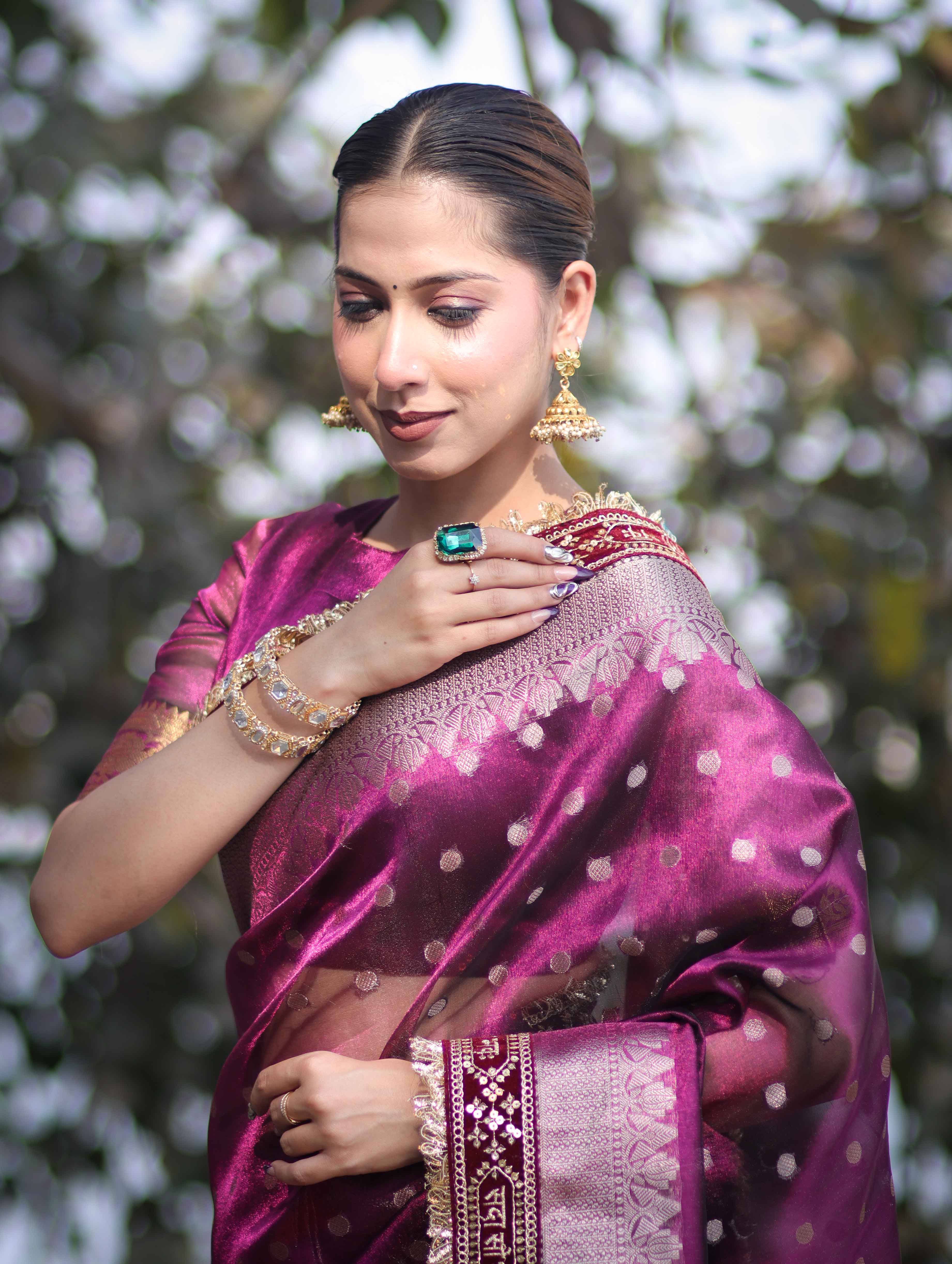 Banarasee Handloom Tissue (Saubhagyavati Bhava) Lace Saree With Buti Design Border & Lace-Purple