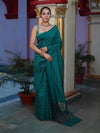 Banarasee Handloom Semi Silk Saree With Gold Zari Stripes-Teal Green