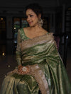 Banarasee Handwoven Tissue Saree With Zari Buti Design & Lace-Olive Green