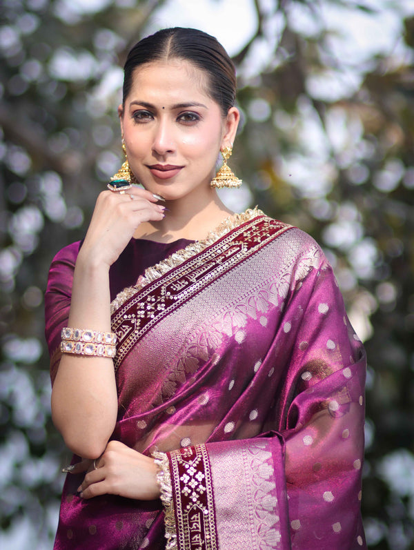 Banarasee Handloom Tissue (Saubhagyavati Bhava) Lace Saree With Buti Design Border & Lace-Purple