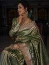 Banarasee Handwoven Tissue Saree With Zari Buti Design & Lace-Olive Green