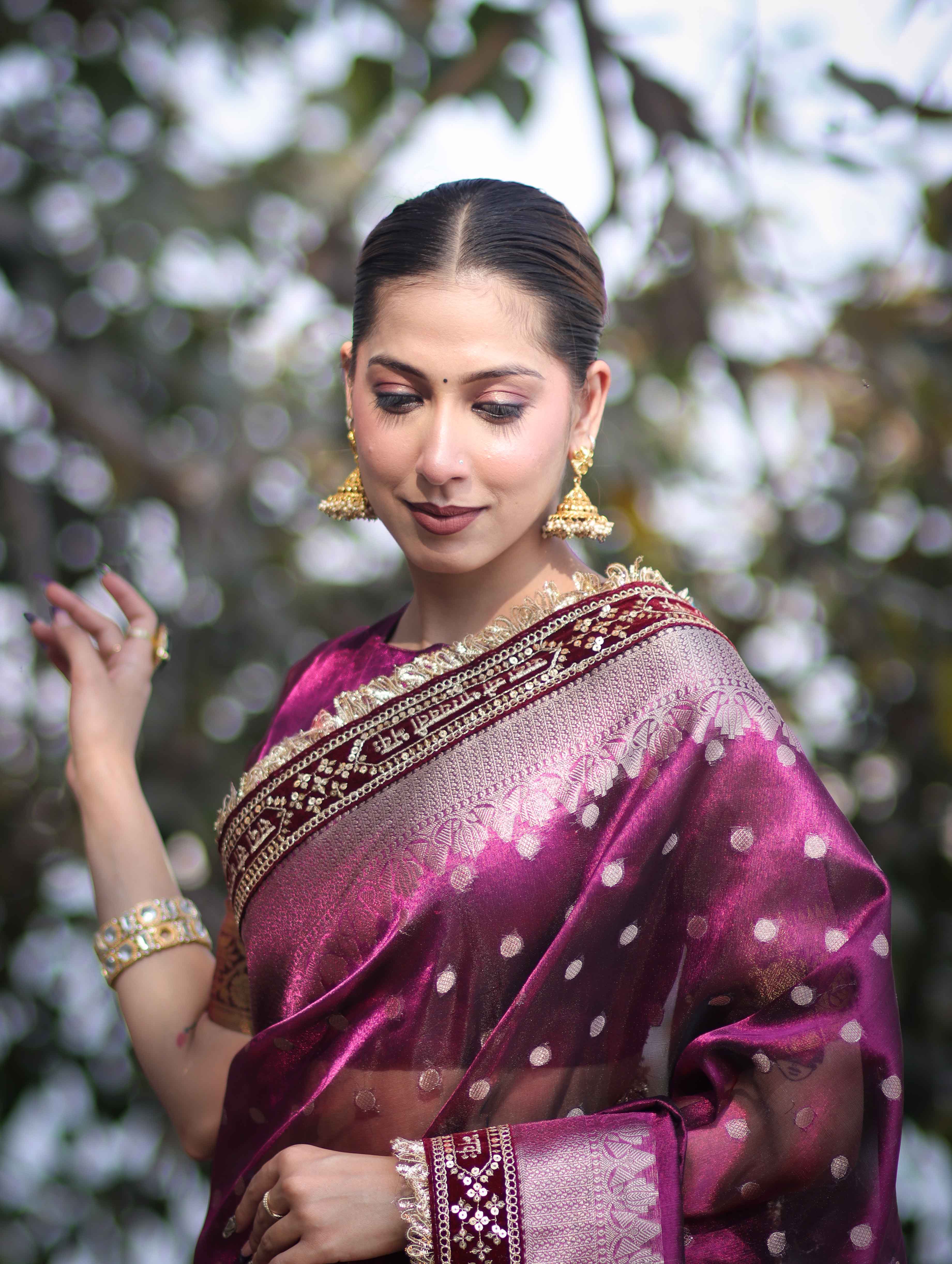 Banarasee Handloom Tissue (Saubhagyavati Bhava) Lace Saree With Buti Design Border & Lace-Purple