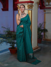 Banarasee Handloom Semi Silk Saree With Gold Zari Stripes-Teal Green
