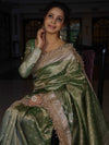 Banarasee Handwoven Tissue Saree With Zari Buti Design & Lace-Olive Green