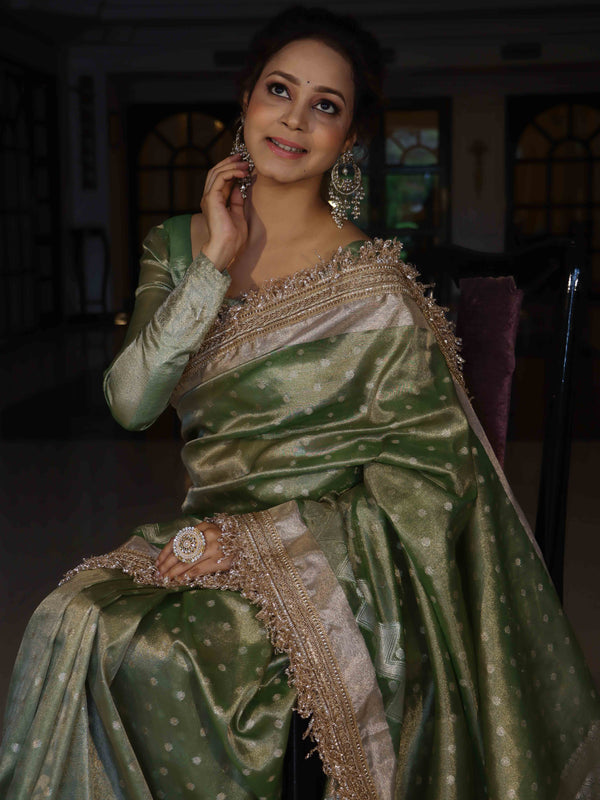 Banarasee Handwoven Tissue Saree With Zari Buti Design & Lace-Olive Green