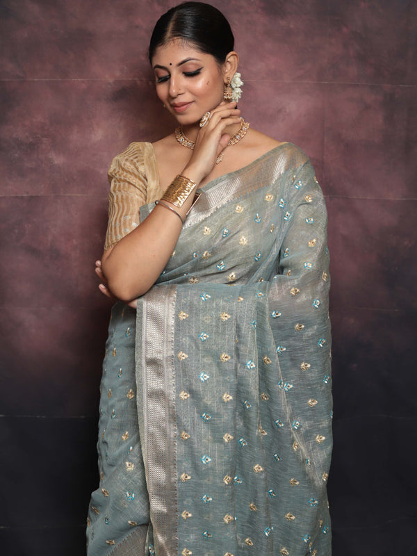 Banarasee Handwoven Zari Border Tissue Saree With Embroidered Floral Buta-Pastel Blue