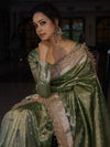 Banarasee Handwoven Tissue Saree With Zari Buti Design & Lace-Olive Green