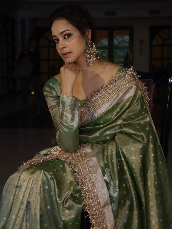 Banarasee Handwoven Tissue Saree With Zari Buti Design & Lace-Olive Green