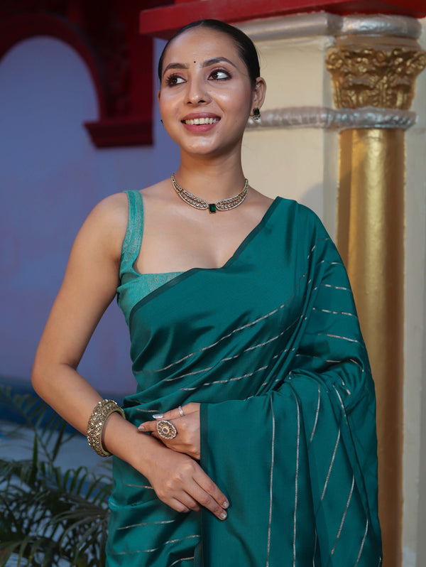 Banarasee Handloom Semi Silk Saree With Gold Zari Stripes-Teal Green