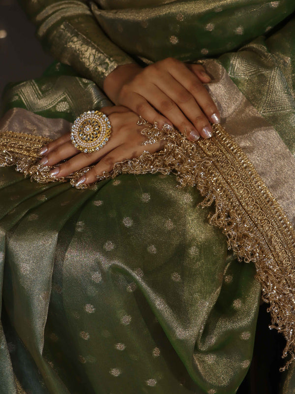 Banarasee Handwoven Tissue Saree With Zari Buti Design & Lace-Olive Green