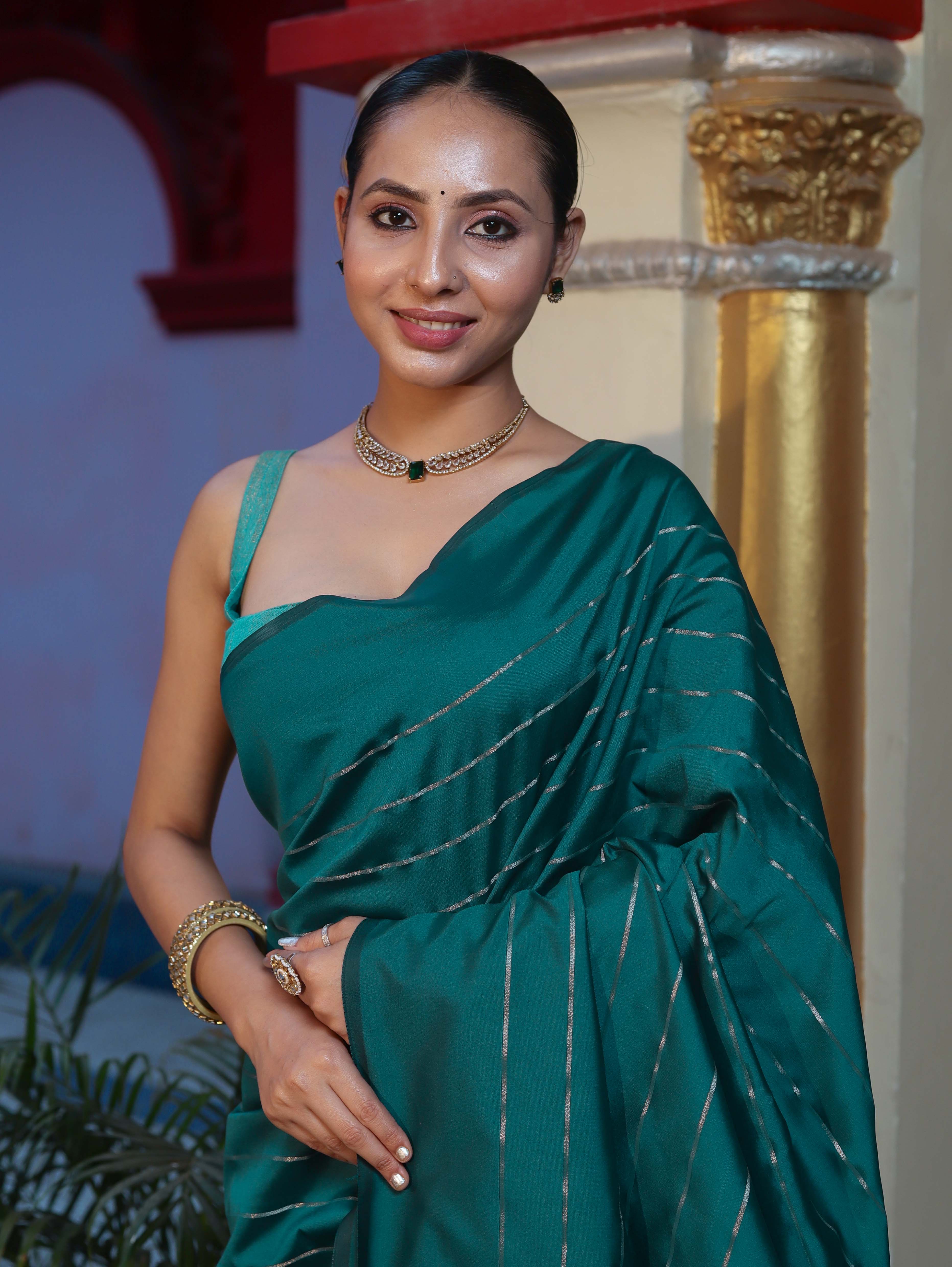 Banarasee Handloom Semi Silk Saree With Gold Zari Stripes-Teal Green