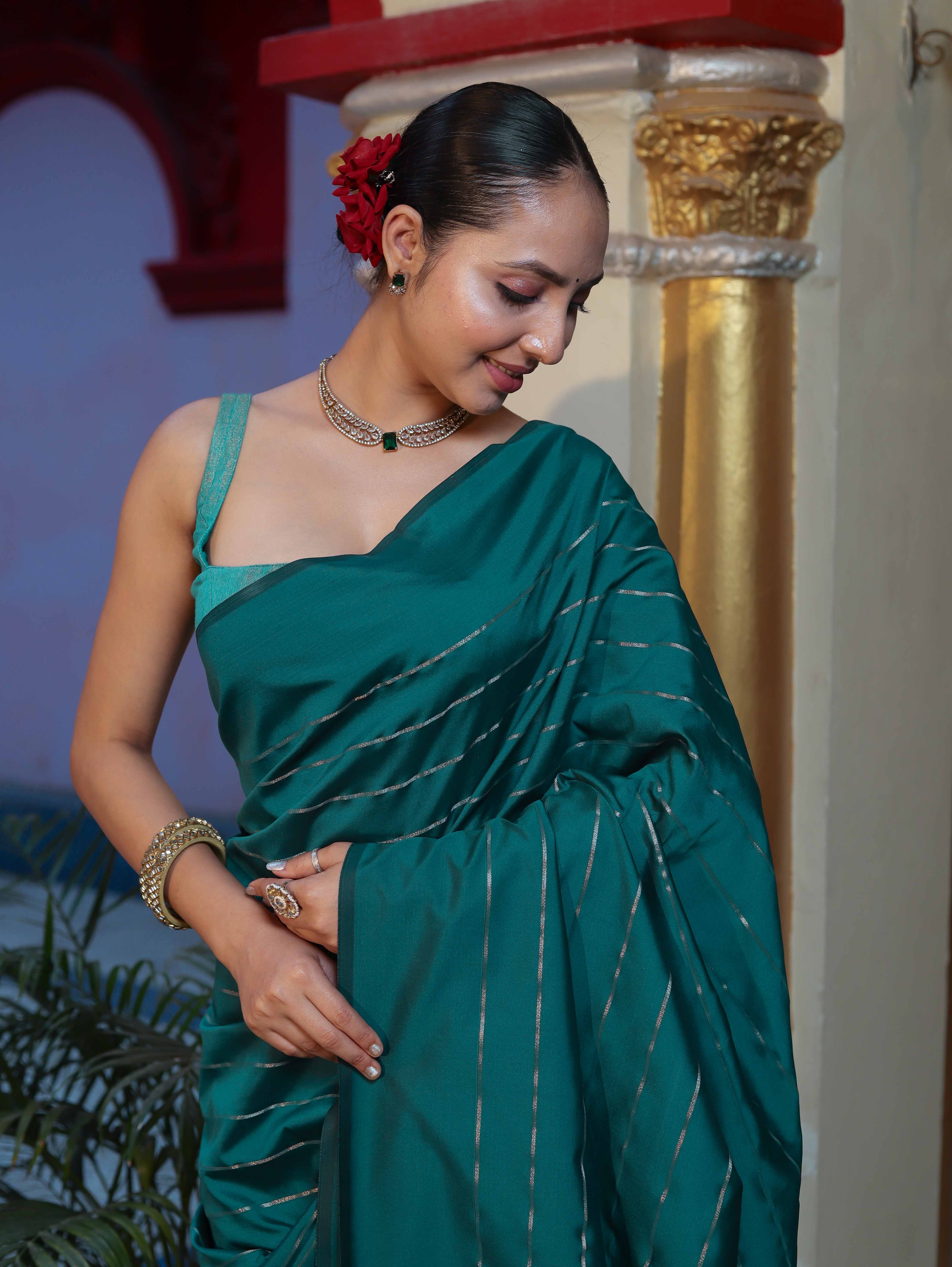 Banarasee Handloom Semi Silk Saree With Gold Zari Stripes-Teal Green