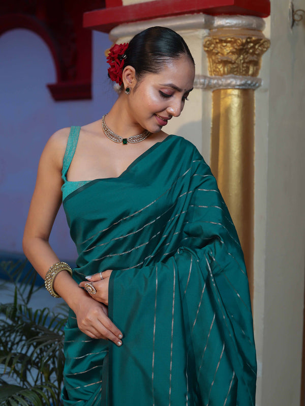 Banarasee Handloom Semi Silk Saree With Gold Zari Stripes-Teal Green