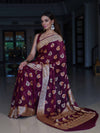 Banarasee Pure Chiffon Saree With Gold Zari Buta Work & Floral Border-Magenta