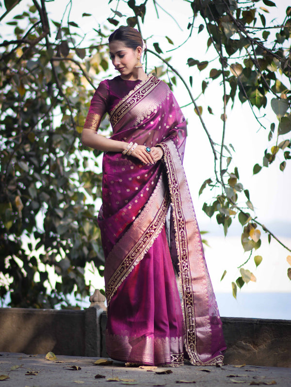 Banarasee Handloom Tissue (Saubhagyavati Bhava) Lace Saree With Buti Design Border & Lace-Purple