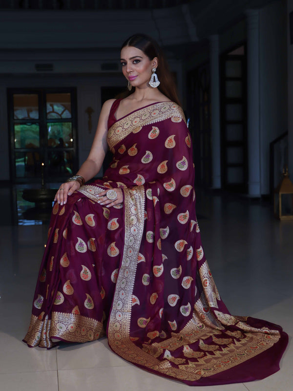 Banarasee Pure Chiffon Saree With Gold Zari Buta Work & Floral Border-Magenta