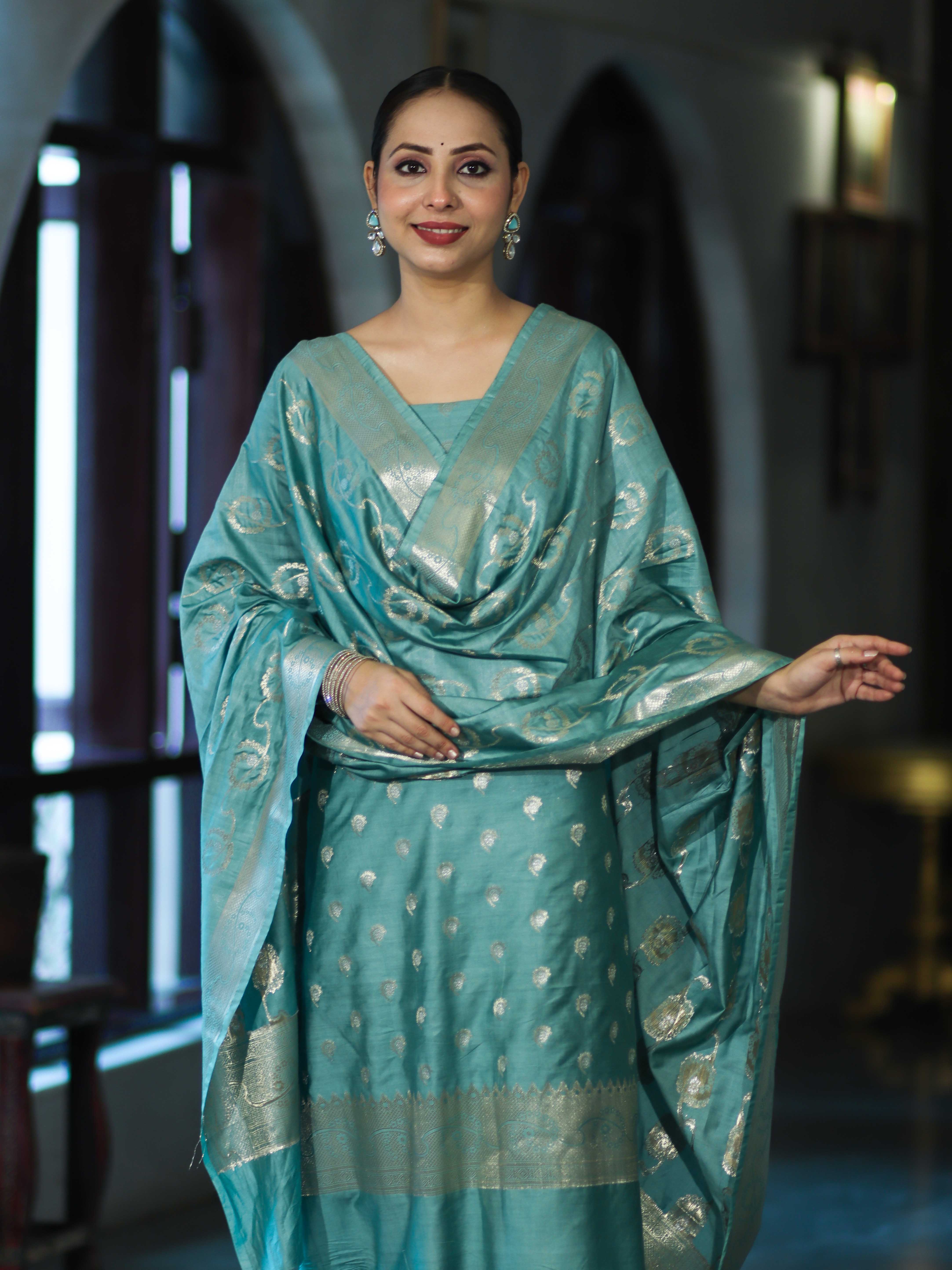 Banarasee Zari Embroidered Chanderi Silk Salwar Kameez With Dupatta Set-Aqua Blue