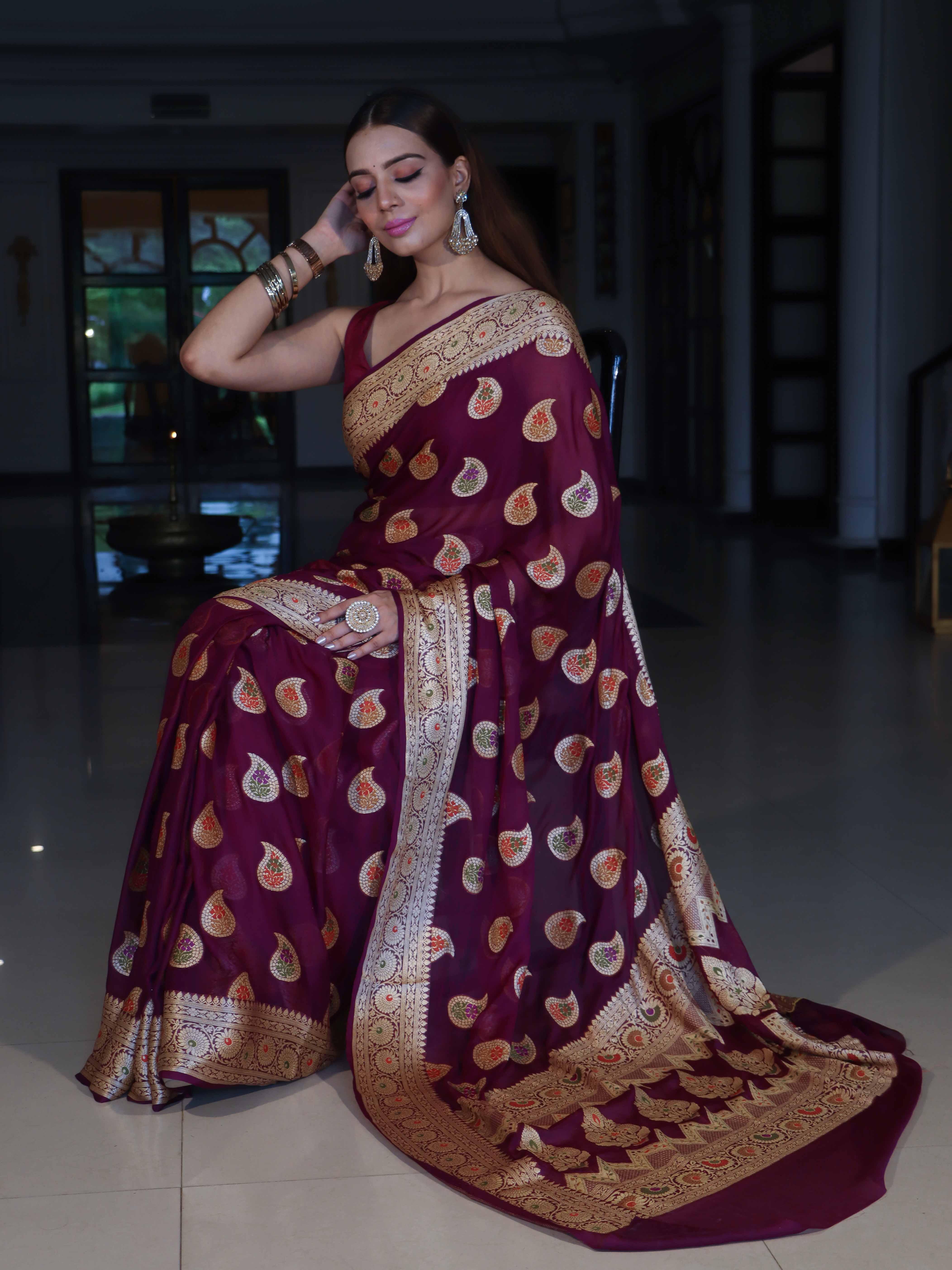 Banarasee Pure Chiffon Saree With Gold Zari Buta Work & Floral Border-Magenta