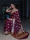 Banarasee Pure Chiffon Saree With Gold Zari Buta Work & Floral Border-Magenta