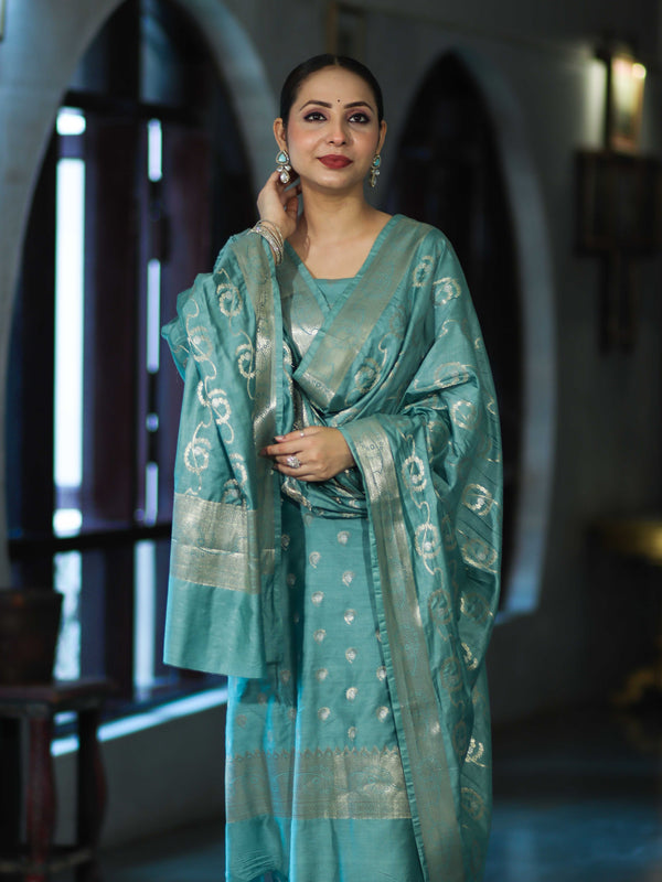 Banarasee Zari Embroidered Chanderi Silk Salwar Kameez With Dupatta Set-Aqua Blue
