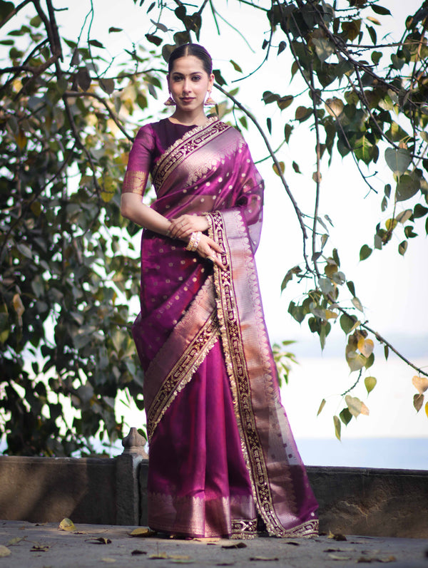 Banarasee Handloom Tissue (Saubhagyavati Bhava) Lace Saree With Buti Design Border & Lace-Purple