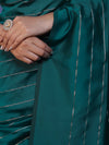 Banarasee Handloom Semi Silk Saree With Gold Zari Stripes-Teal Green