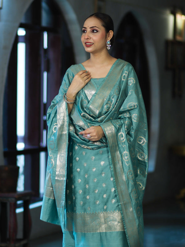 Banarasee Zari Embroidered Chanderi Silk Salwar Kameez With Dupatta Set-Aqua Blue