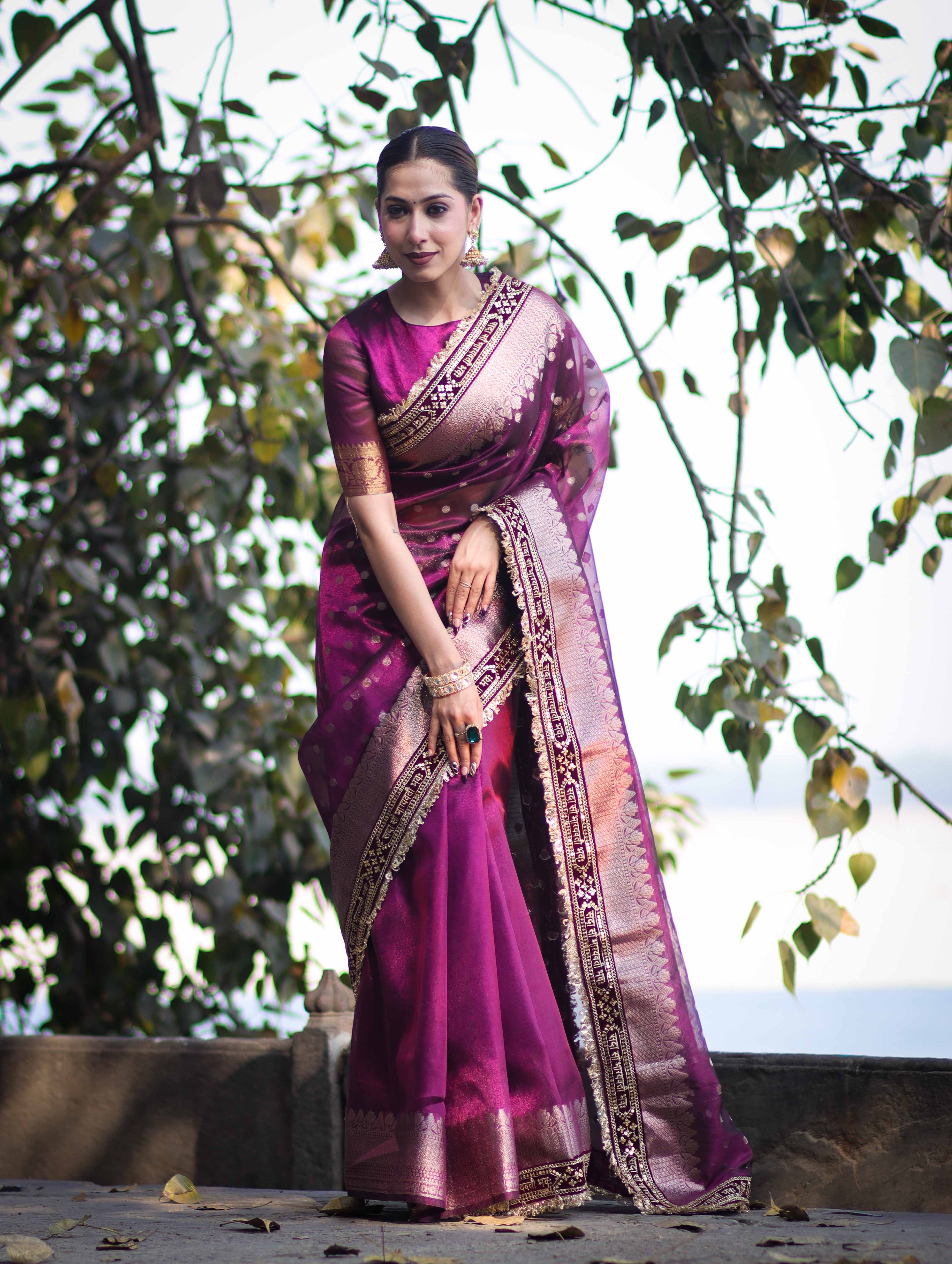 Banarasee Handloom Tissue (Saubhagyavati Bhava) Lace Saree With Buti Design Border & Lace-Purple