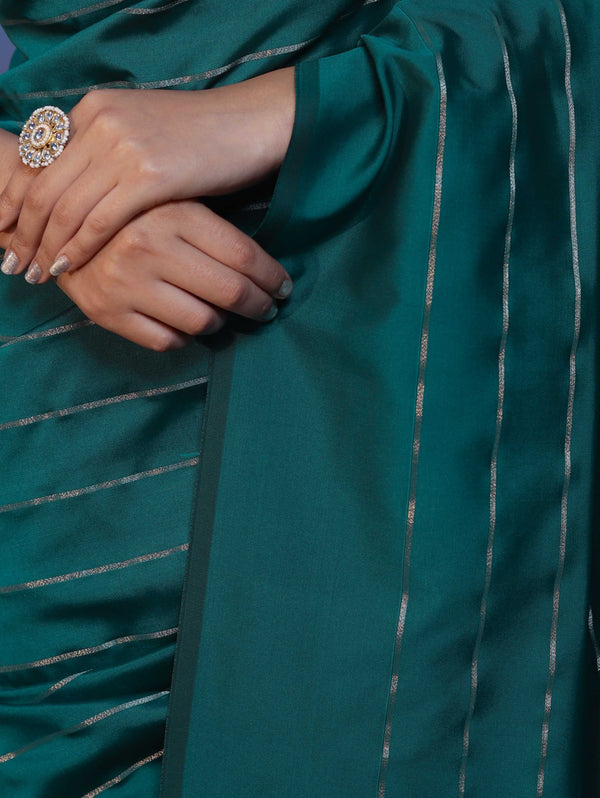 Banarasee Handloom Semi Silk Saree With Gold Zari Stripes-Teal Green