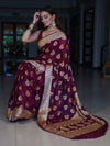 Banarasee Pure Chiffon Saree With Gold Zari Buta Work & Floral Border-Magenta