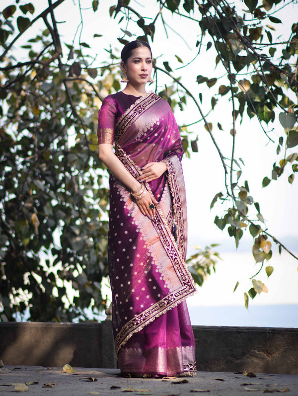 Banarasee Handloom Tissue (Saubhagyavati Bhava) Lace Saree With Buti Design Border & Lace-Purple