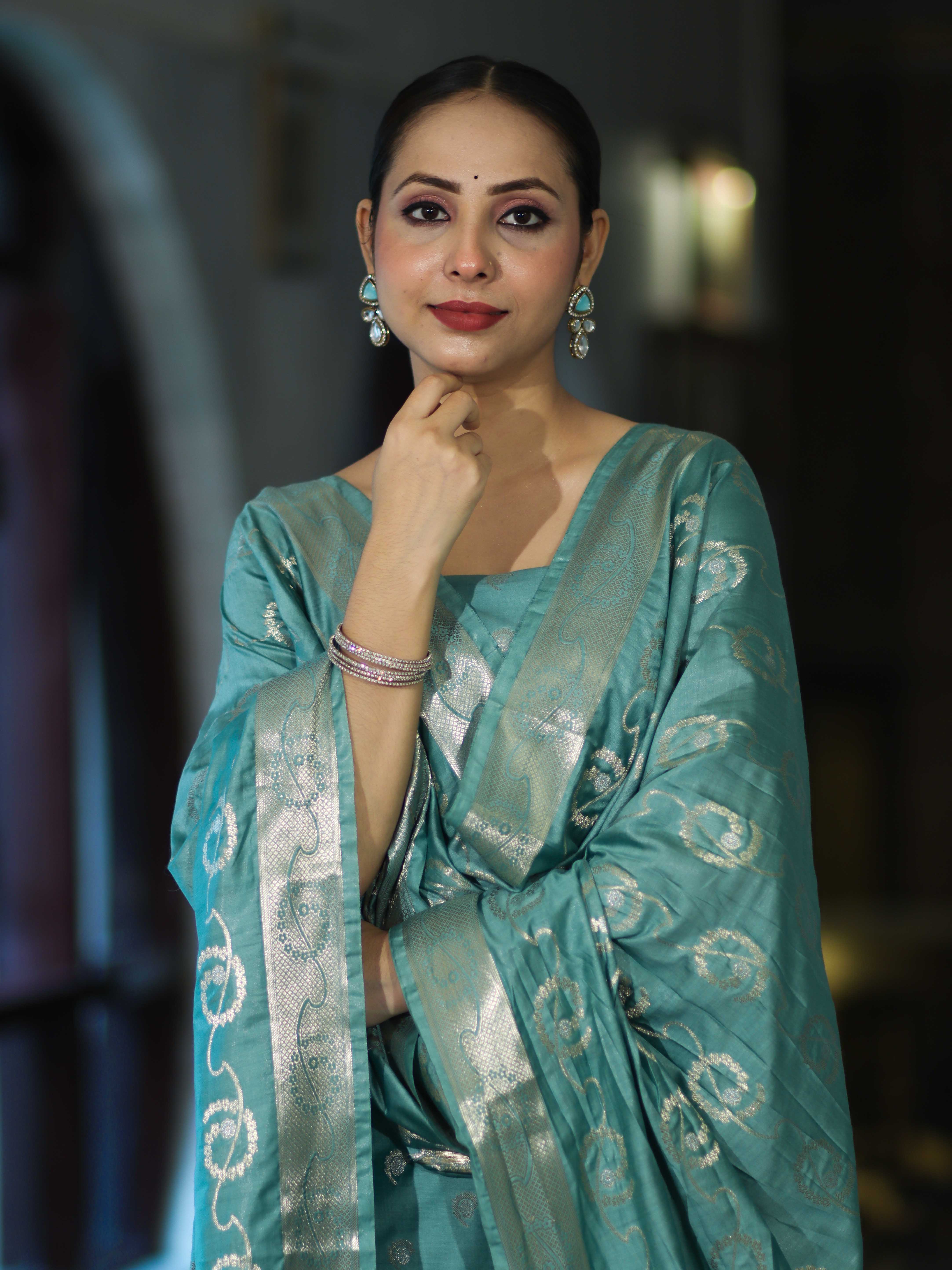 Banarasee Zari Embroidered Chanderi Silk Salwar Kameez With Dupatta Set-Aqua Blue