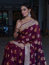 Banarasee Pure Chiffon Saree With Gold Zari Buta Work & Floral Border-Magenta