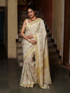 Bhagalpur Handloom Pure Linen Saree With Floral Thread Embroidery-Off White
