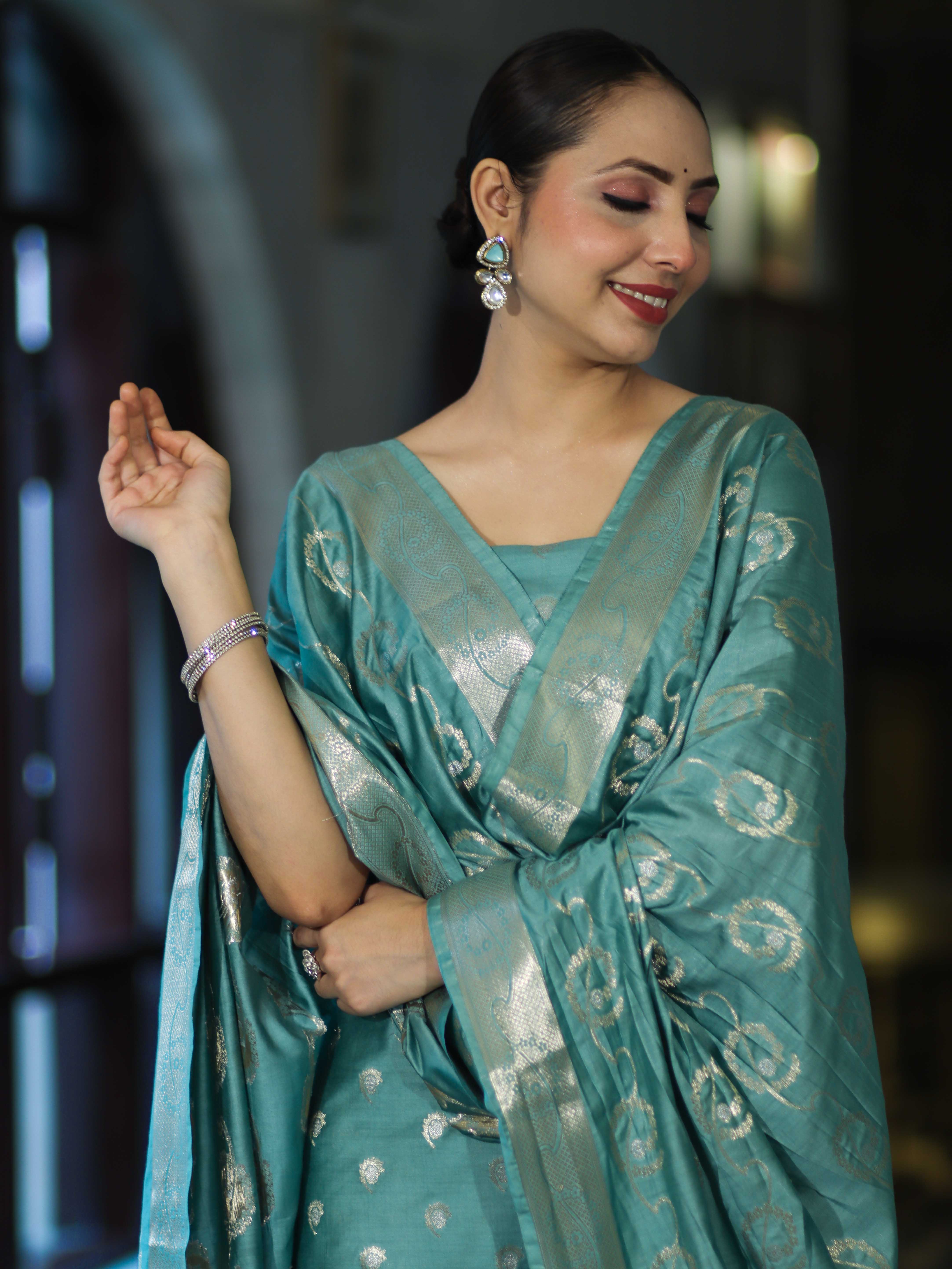 Banarasee Zari Embroidered Chanderi Silk Salwar Kameez With Dupatta Set-Aqua Blue