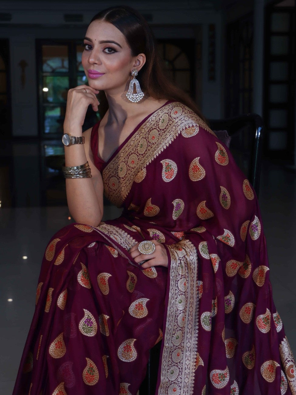 Banarasee Pure Chiffon Saree With Gold Zari Buta Work & Floral Border-Magenta