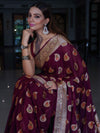 Banarasee Pure Chiffon Saree With Gold Zari Buta Work & Floral Border-Magenta