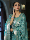 Banarasee Zari Embroidered Chanderi Silk Salwar Kameez With Dupatta Set-Aqua Blue