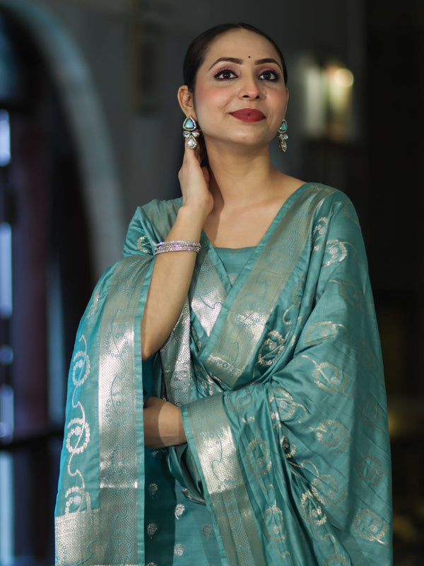 Banarasee Zari Embroidered Chanderi Silk Salwar Kameez With Dupatta Set-Aqua Blue