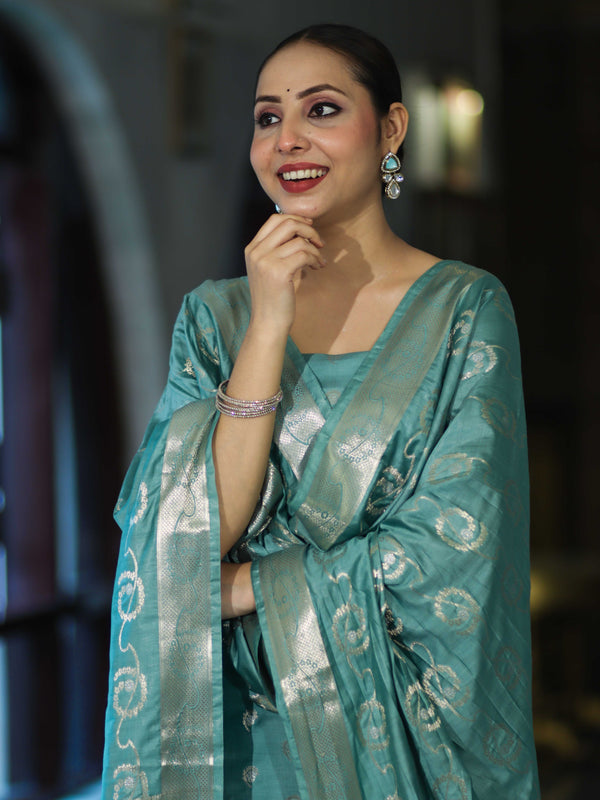 Banarasee Zari Embroidered Chanderi Silk Salwar Kameez With Dupatta Set-Aqua Blue