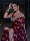 Banarasee Pure Chiffon Saree With Gold Zari Buta Work & Floral Border-Magenta