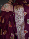 Banarasee Pure Chiffon Saree With Gold Zari Buta Work & Floral Border-Magenta