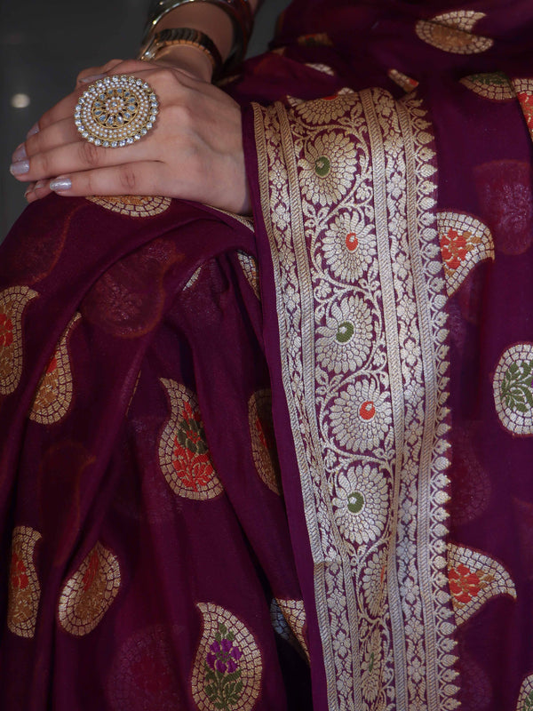 Banarasee Pure Chiffon Saree With Gold Zari Buta Work & Floral Border-Magenta