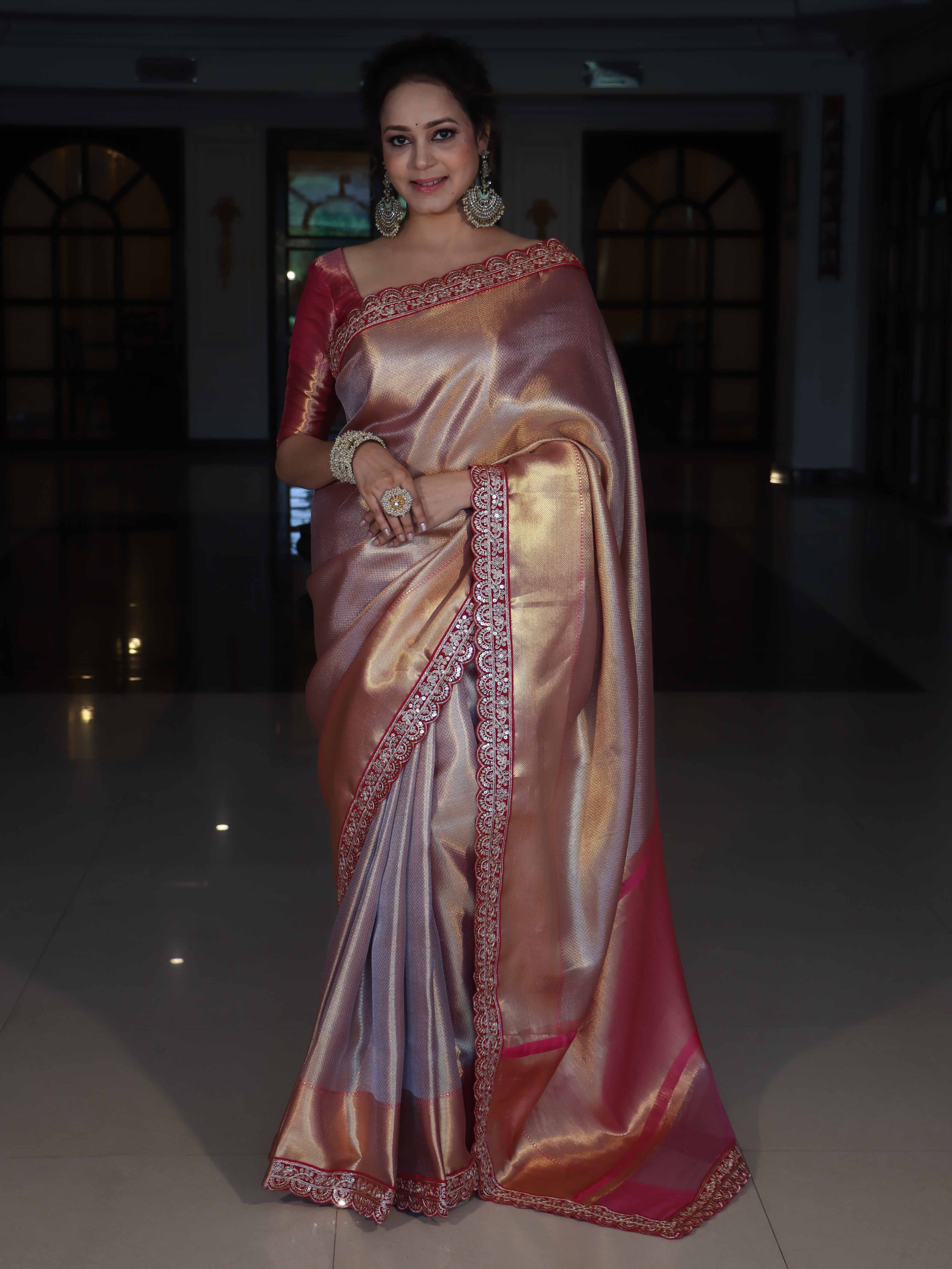 Banarasee Handwoven Tissue Saree With Silver Zigzag Pattern & Lace-Light Pink (Dual Tone)
