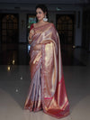 Banarasee Handwoven Tissue Saree With Silver Zigzag Pattern & Lace-Light Pink (Dual Tone)
