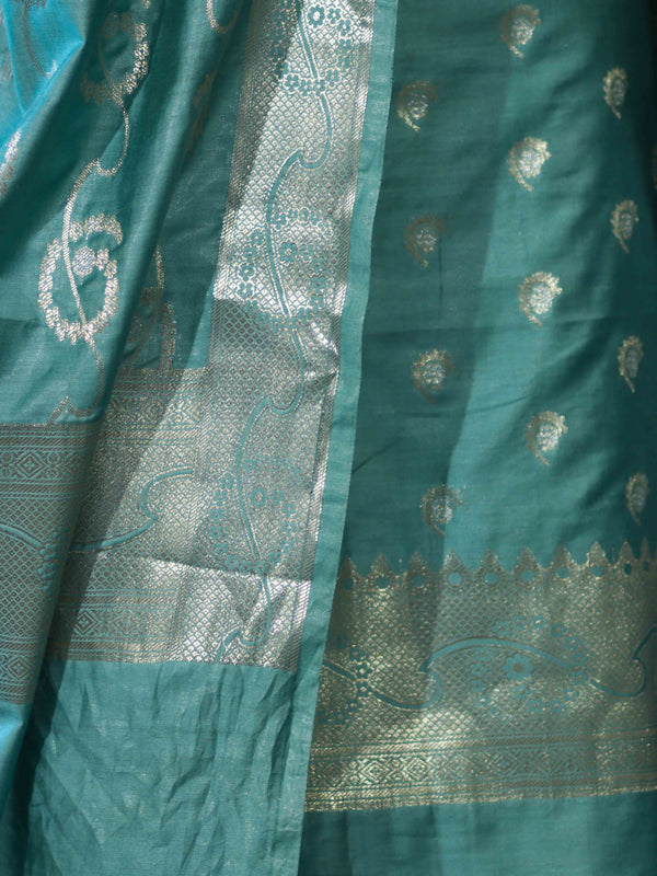 Banarasee Zari Embroidered Chanderi Silk Salwar Kameez With Dupatta Set-Aqua Blue