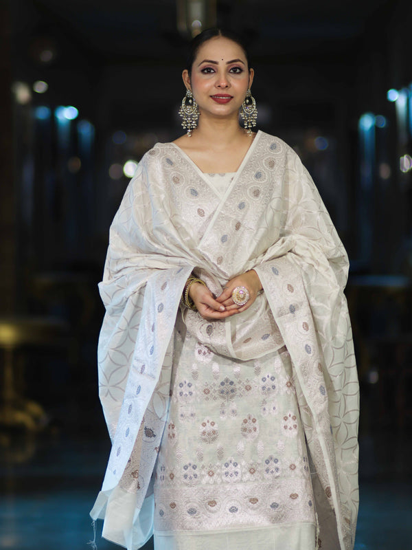 Banarasee Cotton Silk Zari Work Salwar Kameez Fabric With Dupatta Set-White